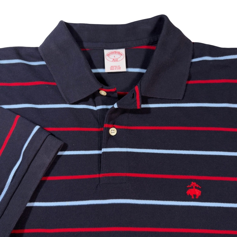 Brooks Brothers Polo Shirt Mens Large Navy Blue Excellent Striped Cotton 346